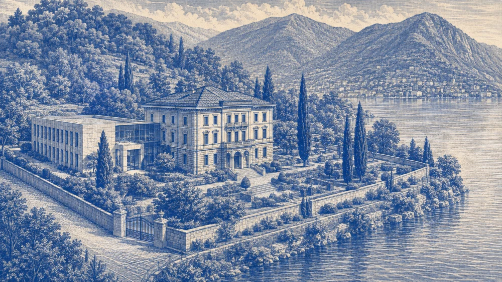 Cobalt engraving of a Swiss lakeside office complex within a private perimeter