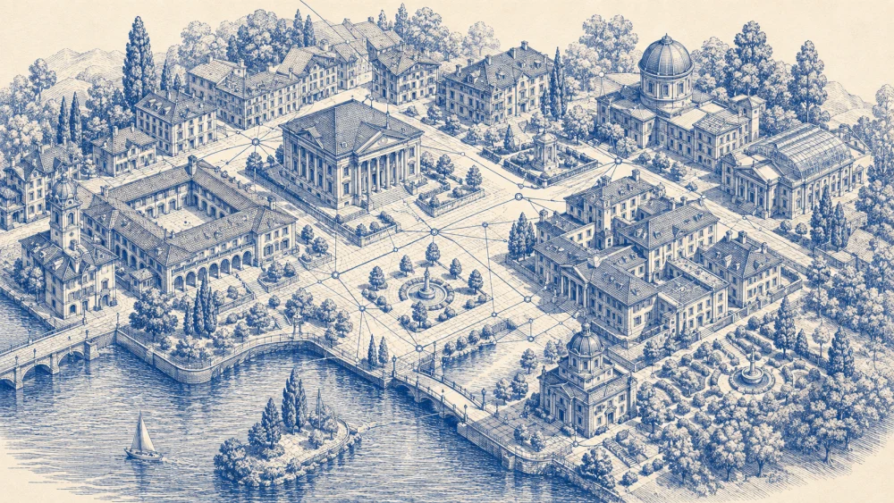 Cobalt engraving of Swiss institutions linked by precise audit paths