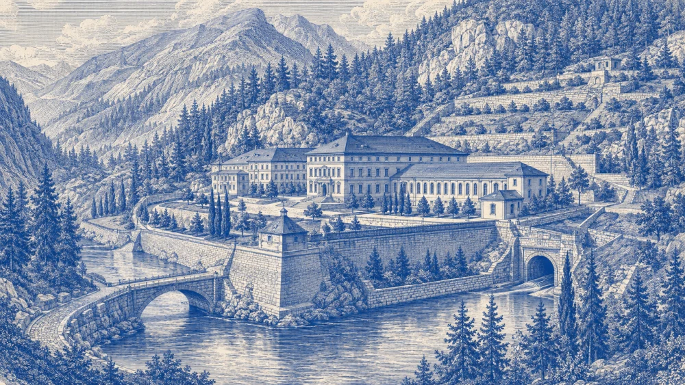 Cobalt engraving of a fortified Swiss infrastructure complex within an Alpine perimeter